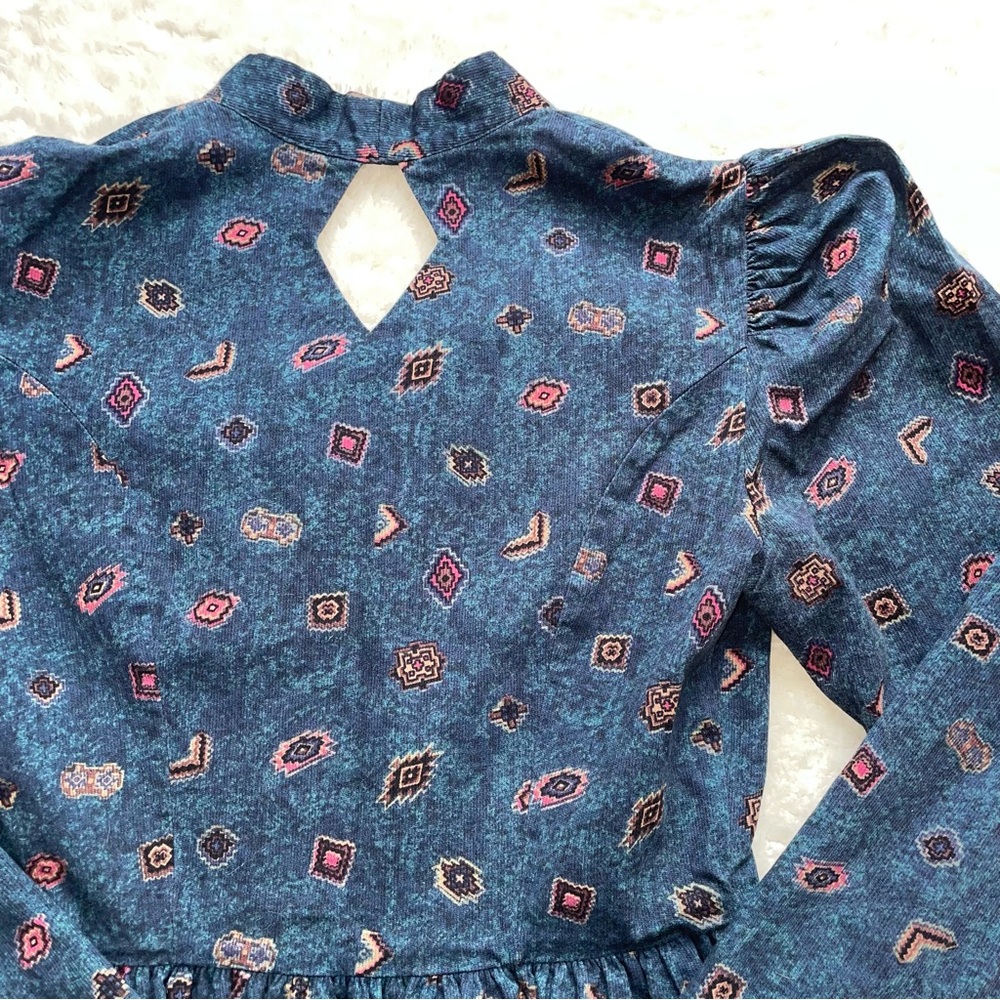 Banjo 90’s crop denim corduroy button up western print puff sleeve blouse - Picture 7 of 8